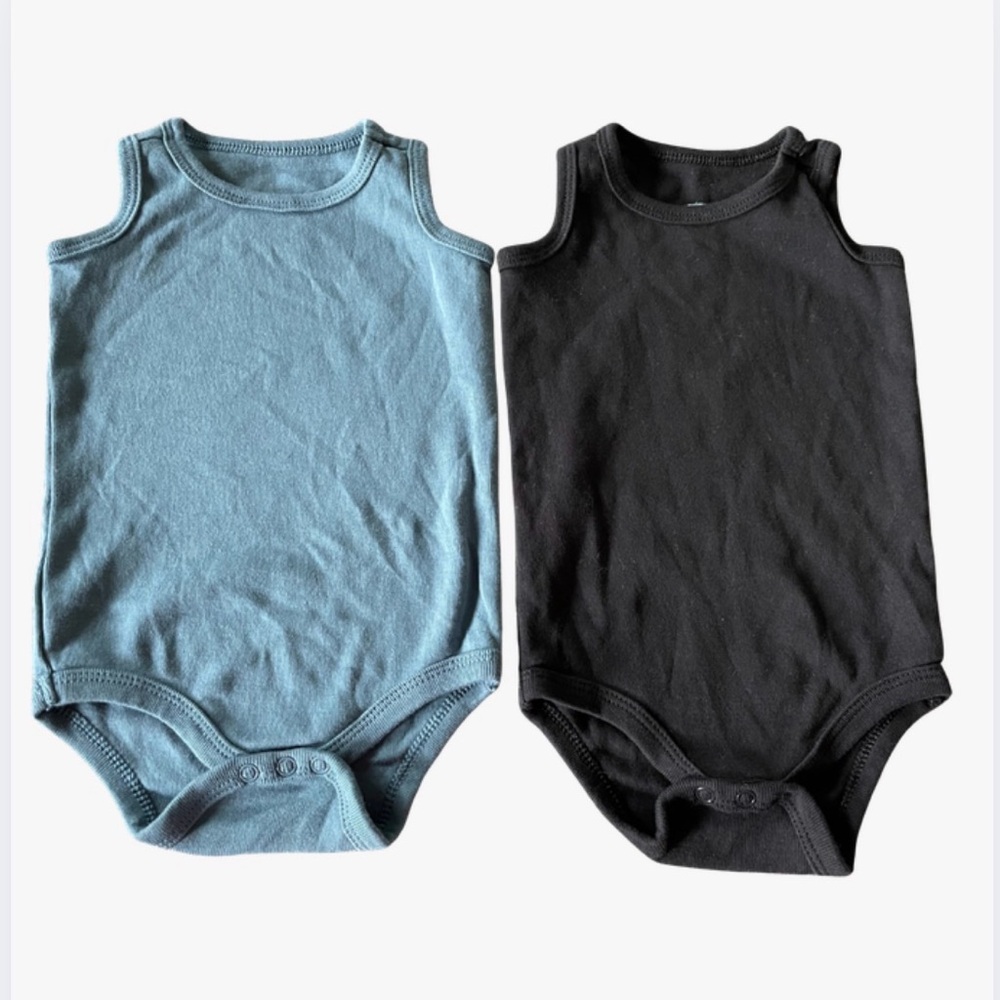 🐠 Primary 100% Cotton Sleeveless Bodysuit Set - Blue and Black - 0-3 Mo